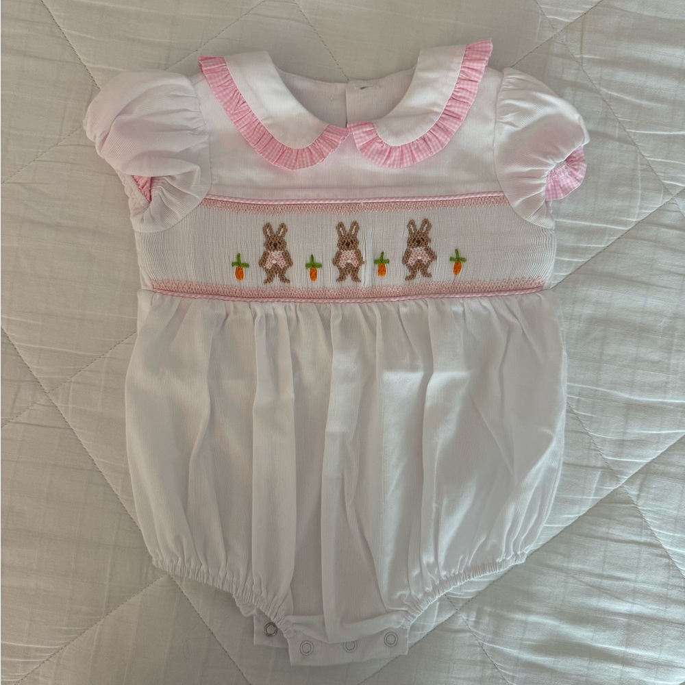 White and Pink Baby bubble 12 month Easter Bunny pink and white smocked dress up